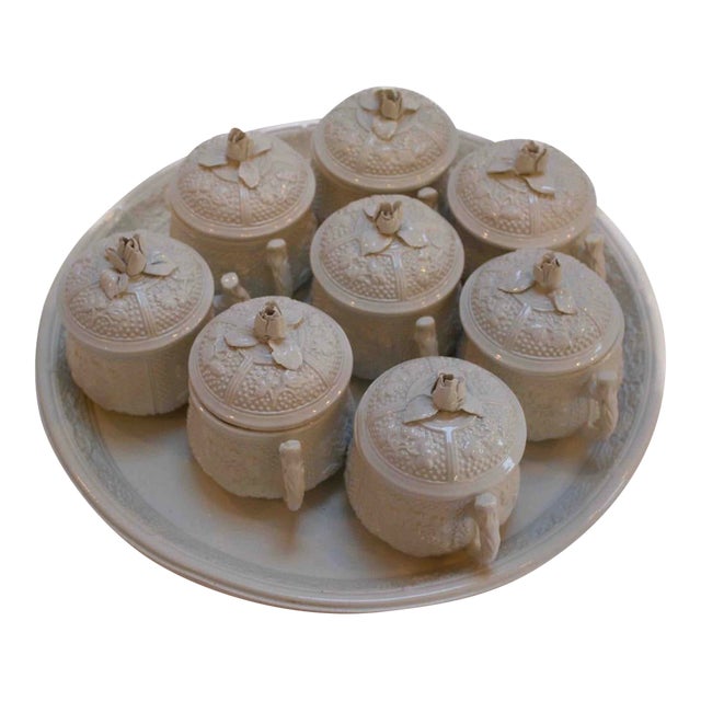 Vintage Italian Pot De Creme Set With Rosebud Lids & Serving Tray For Sale