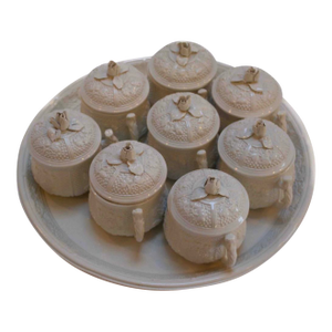 Vintage Italian Pot De Creme Set With Rosebud Lids & Serving Tray