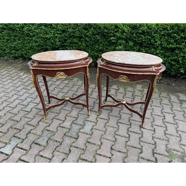 Wood 1920 French Louis XVI Mahogany Marble Side Tables - Pair of 2 PCS For Sale - Image 7 of 18