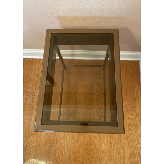 1970s Vintage Brown Painted Faux Bamboo Nesting Tables With Smokey Glass Tops - Set of 2 For Sale - Image 10 of 13