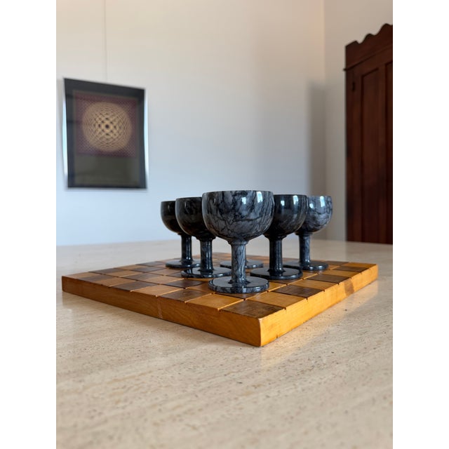 1960s Carved Marble Stemware (6 Goblets) Displayed on Handmade Chess/Checkerboard 1969 For Sale - Image 5 of 14