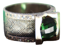 Gold and Silver Ring with Inlaid Zirconias and Cut Green Tourmaline
