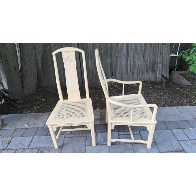 Wood Vintage Late 1970s Set of 6 Henredon Chinoiserie Dining Chairs – Cream Lacquer, Cane Seats, Custom Cushions For Sale - Image 7 of 12