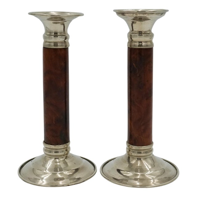 Art Deco Burr Walnut Candlleholders, Set of 2 For Sale