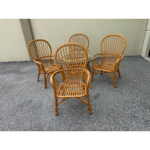 1980s Coastal Island Style Rattan/Bamboo Glass Top Dining or Game Table & 4 Chairs a Set For Sale - Image 11 of 11