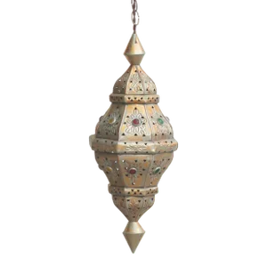 Vintage Moroccan Pierced Metal & Glass Jewel Lantern Pendant Light Fixture
