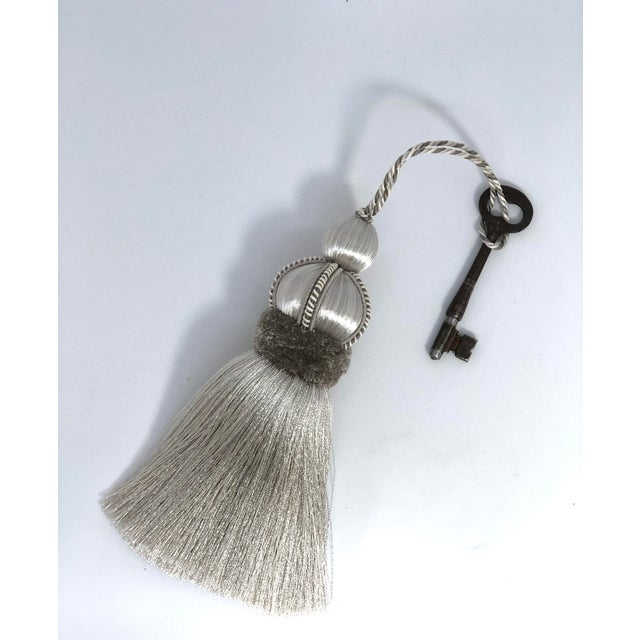 Platinum Platinum Satin Key Tassels With Dove Gray Velvet Details - A Pair For Sale - Image 8 of 13