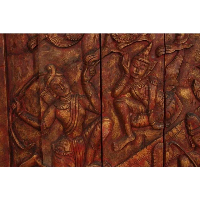 Wood Monumental Vintage Thai Hand-Carved Wood Kinnari Wall Panel, Red and Gold For Sale - Image 7 of 15