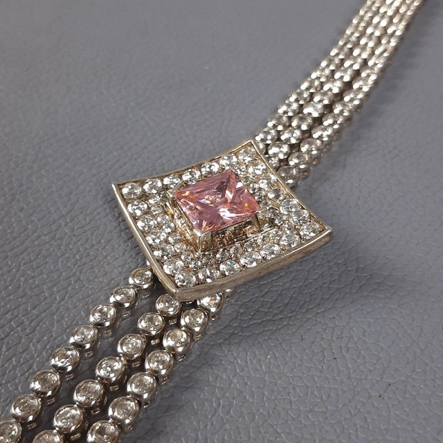 Vintage 925 Silver Set Rhinestone Pink Stones Necklace, Bracelet, Ring and Brooch, Set of 4 For Sale - Image 9 of 13