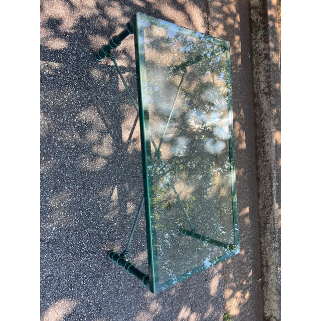 Brutalist Vintage Brutalist Faux Verdigri Green Metal Glass Coffee Table For Sale - Image 3 of 3