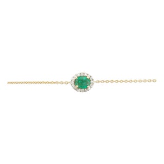 Oval Cut Natural Emerald Chain Bracelet With Diamonds in 14k Solid Yellow Gold For Sale