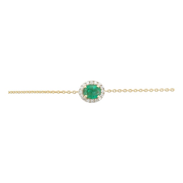 Oval Cut Natural Emerald Chain Bracelet With Diamonds in 14k Solid Yellow Gold For Sale