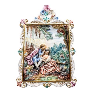 Capodimonte Italy Vintage Romantic Couple Relief Porcelain Wall Plaque For Sale