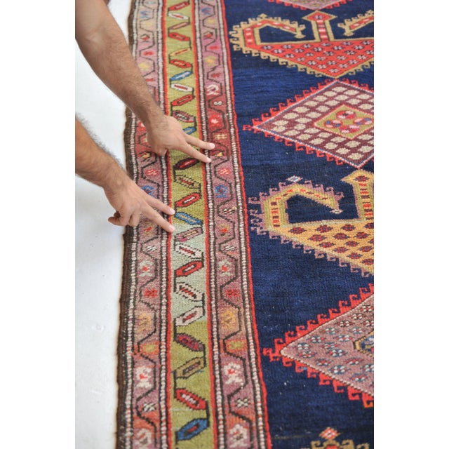 1940s Tribal Indigo, Teal, Plum & Pistachio Green Geometric Design Rug, 3.9 x 14.2 For Sale - Image 4 of 11