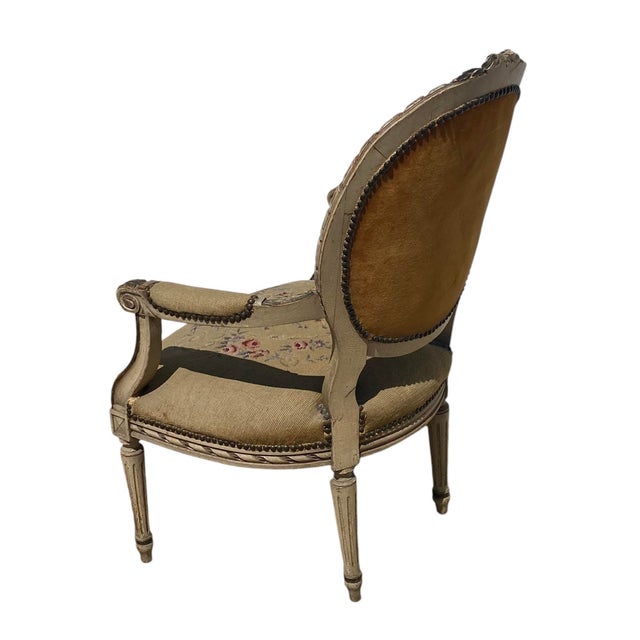 French Provincial 1930s Vintage French Provincial Fauteuil Chair With Floral Needlepoint Design For Sale - Image 3 of 12