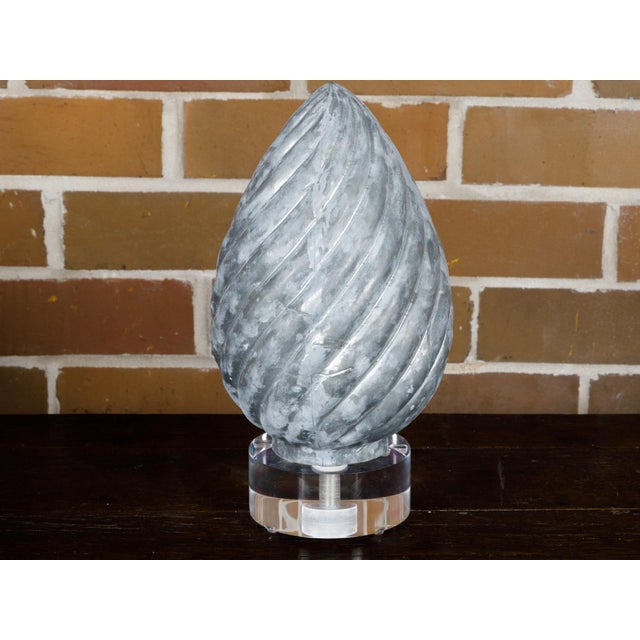 French 1920s Zinc Pinecone Shaped Decorative Element on Circular Lucite Base For Sale - Image 10 of 10