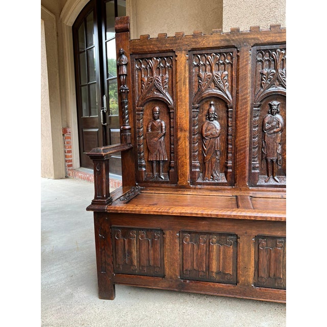 Antique English Gothic Hall Bench Carved Oak Medieval Knights Settle C1880 For Sale - Image 17 of 18