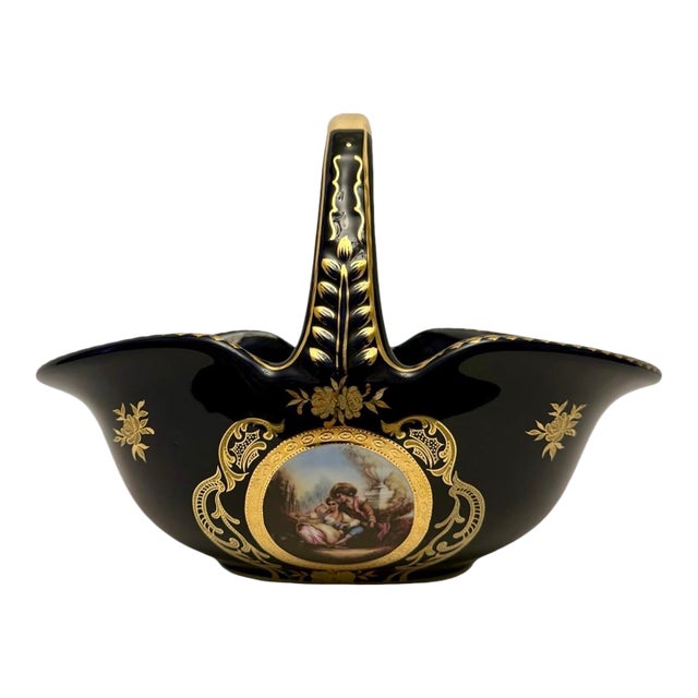 Vintage Gilded Cobalt Blue Large Porcelain Basket Courting Couple Motif France. For Sale