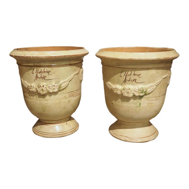 Pair of Small, Cream Colored Terra Cotta Pots From Anduze, France For Sale