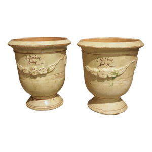 Pair of Small, Cream Colored Terra Cotta Pots From Anduze, France