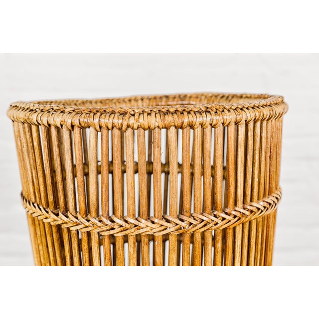 Country Style Rattan Waste Basket with Braided Woven Accents and Tapering Lines For Sale - Image 12 of 12