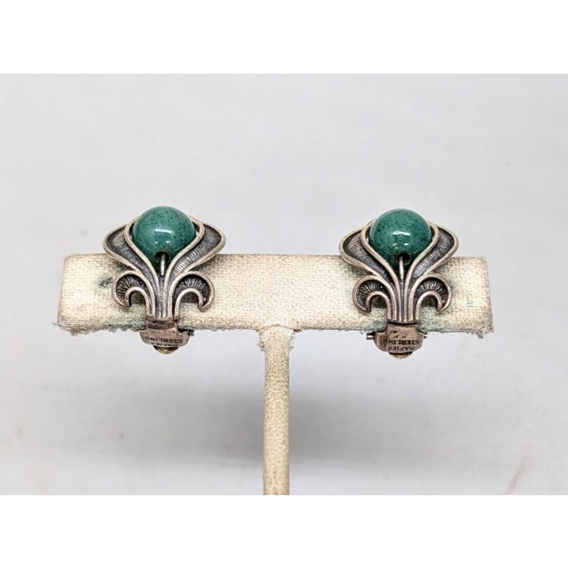 Napier Vintage Signed Napier Sterling Silver Faux-Jade Clip Earrings-2 Pieces For Sale - Image 4 of 7