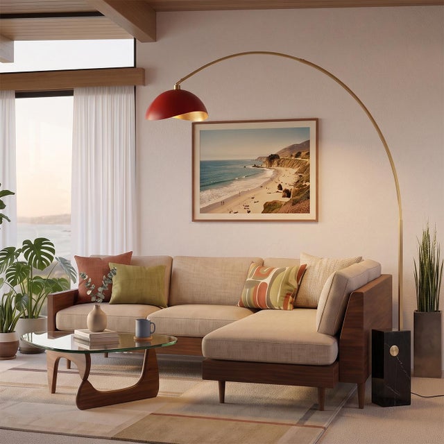 Mid-Century Modern Iconic 95" Arc Floor Lamp, Mid-Century Modern, Red/Gold Shade, Brass Body For Sale - Image 3 of 5