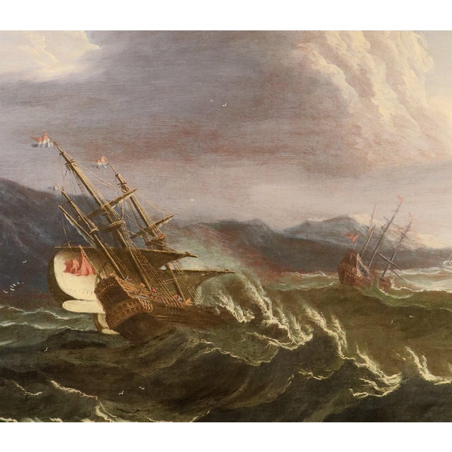 Workshop of Matthieu Van Plattenberg, Stormy Navy with Vessels, 1700, Oil on Canvas For Sale - Image 6 of 15