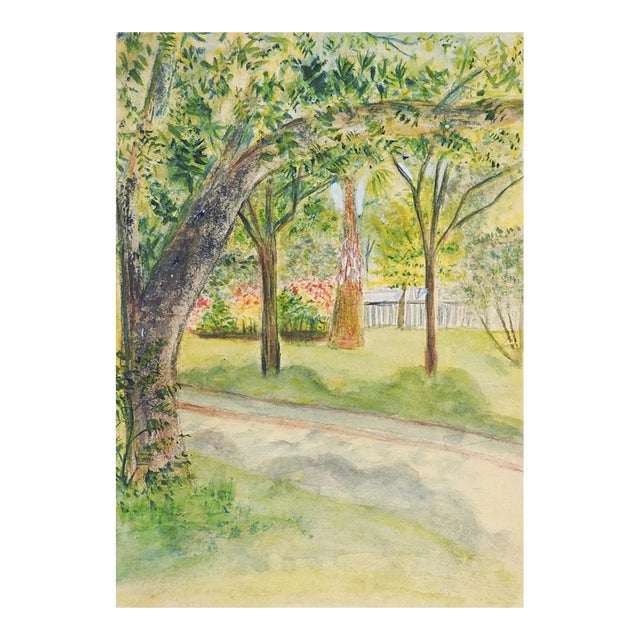 Small Antique Plein Air Watercolor Garden Landscape Painting For Sale