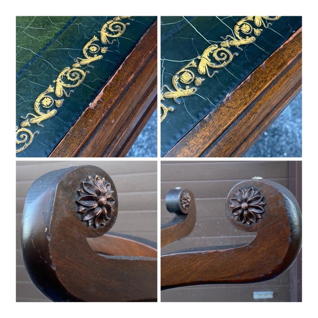 Antique Regency Style Mahogany Scroll Foot Center Table With Tooled Green Leather Top For Sale - Image 12 of 13