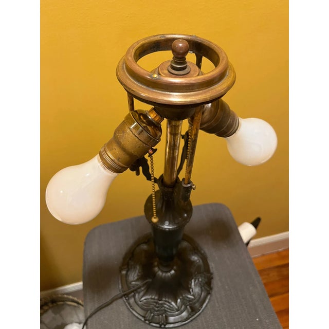 Black Antique 1920s Pittsburgh Iron & Brass Table Lamp & Painted Glass Shade For Sale - Image 8 of 12