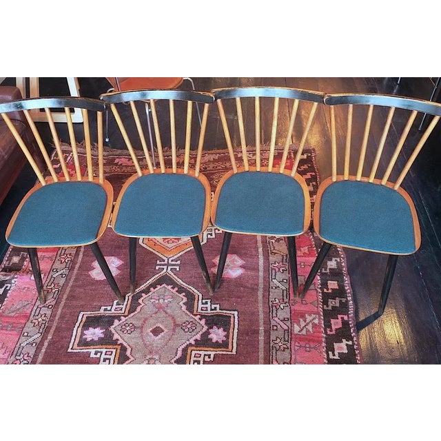 Green Mid-Century Dining Chairs with Splayed Legs and Petrol Blue Seats, Set of 4 For Sale - Image 8 of 13