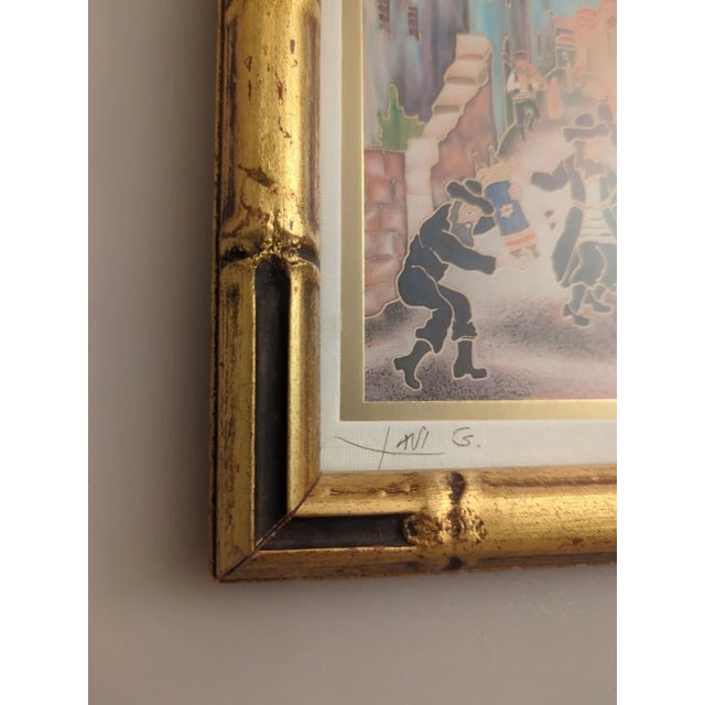 Late 20th Century Painting on Silk Signed by Lavi Zion "Simhat Torah Dancing Hassidim" 8.25"x6.25" For Sale - Image 12 of 17