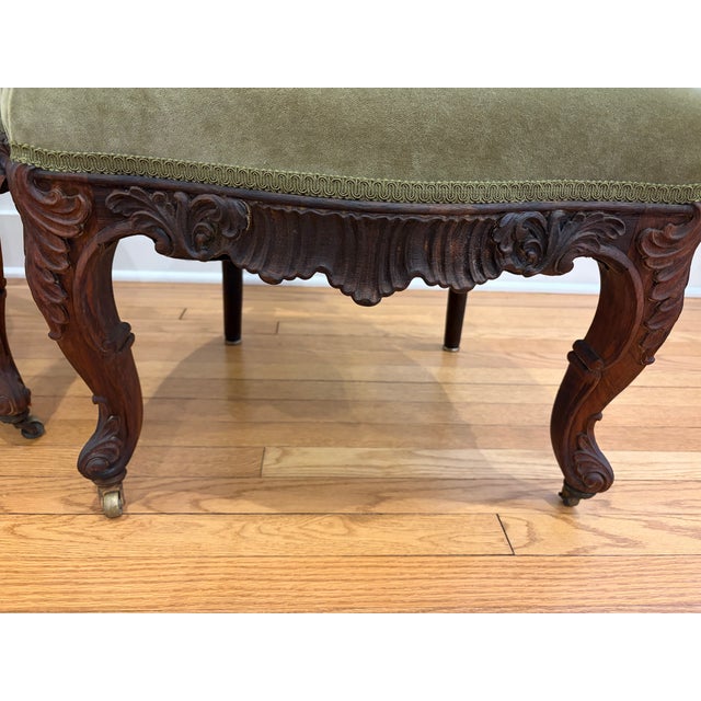 Green Victorian Rococo Revival Walnut Parlor Chairs - Pair For Sale - Image 8 of 12