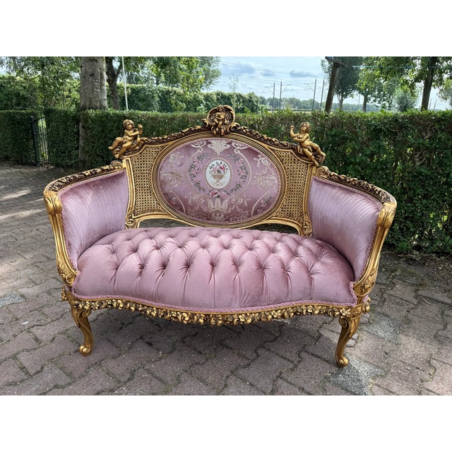 1940 French Louis XVI Gold Beech Rose Velvet Settee For Sale - Image 4 of 18