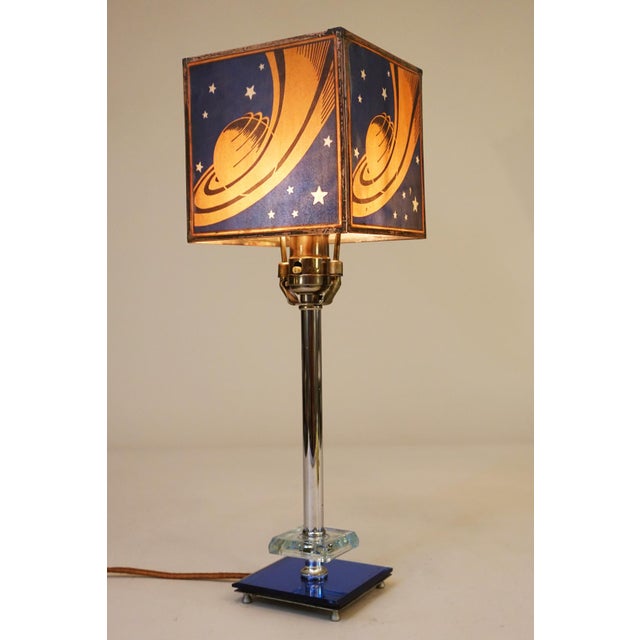 Chrome Rarest Chicago 1933 Worlds Fair "Saturn" Logo Streamline Art Deco Chrome Cobalt Glass Table "Hall of Science" Lamp Sublime Condition! For Sale - Image 8 of 16