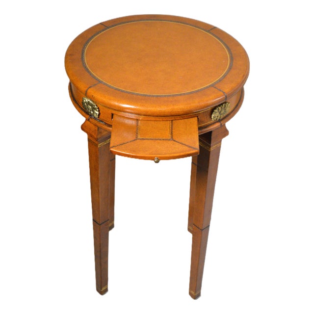 Maitland Smith Style Round Leather Wrapped Brass Gueridon Side Drink Table For Sale