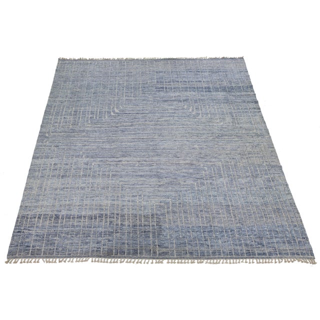 Moroccan Hand-Knotted Slate Blue Moroccan Wool Rug Modern Geometric Maze Design 12x16 For Sale - Image 3 of 10