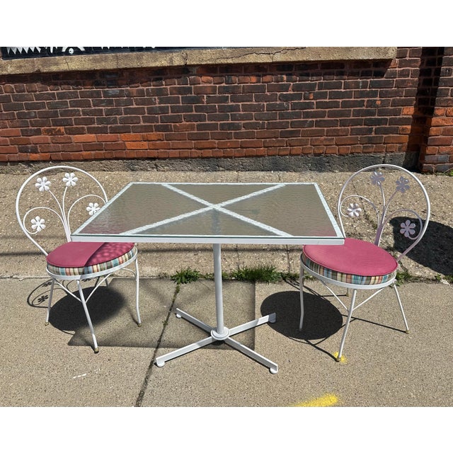 Vintage Floral White Iron Bistro Table & 2 Chairs For Sale In Detroit - Image 6 of 6