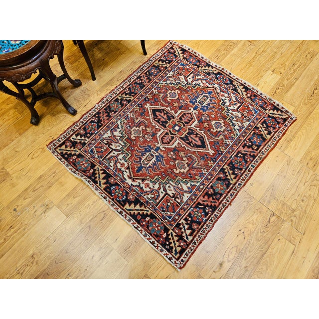 Vintage Persian Heriz Serapi Rug, Hand-Knotted Wool, Geometric Pattern, Brick-Red & Ivory, 4x4 For Sale - Image 12 of 18