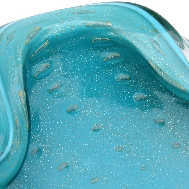 Mid 20th Century Vintage Murano Alfredo Barbini Teal Blue Green Gold Fleck Bubbles Italian Art Glass Ashtray Bowl For Sale - Image 5 of 6