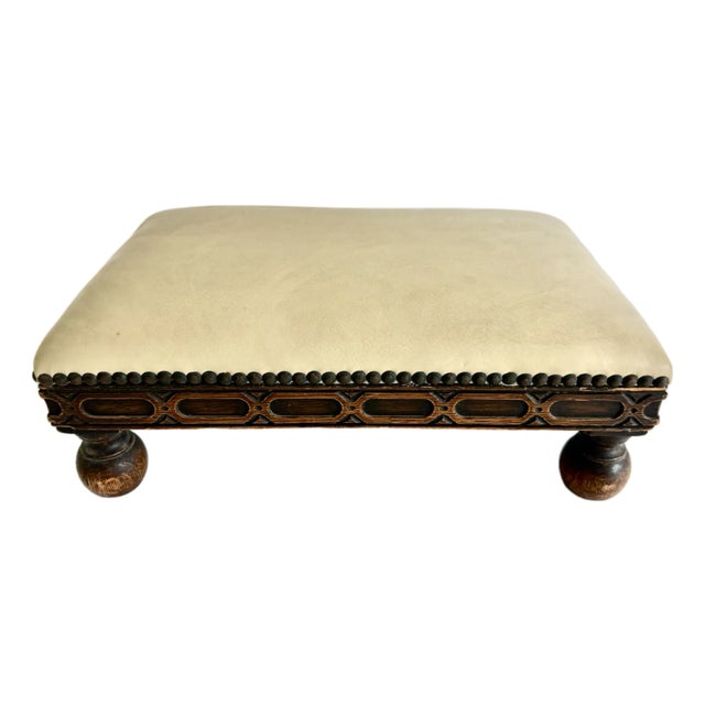 Antique Oak W/Leather Footstool For Sale