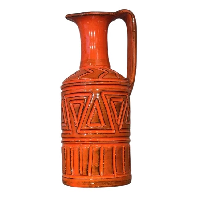 Bitossi Orange Mid-Century Modern Sgraffito Geometric Relief Ceramic Jug For Sale