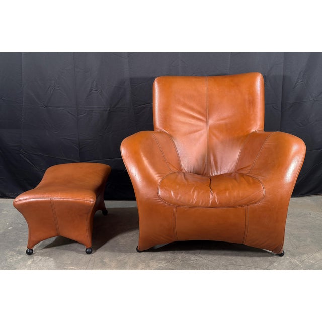 Gerard Van Den Berg Style Leolux Cognac Leather Lounge Chair and Ottoman, Netherlands, 1990s For Sale - Image 9 of 16