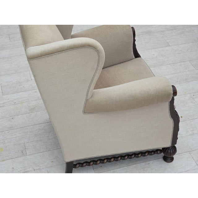 Danish Wingback Armchair in Velour and Carved Oak, 1950s For Sale - Image 14 of 18