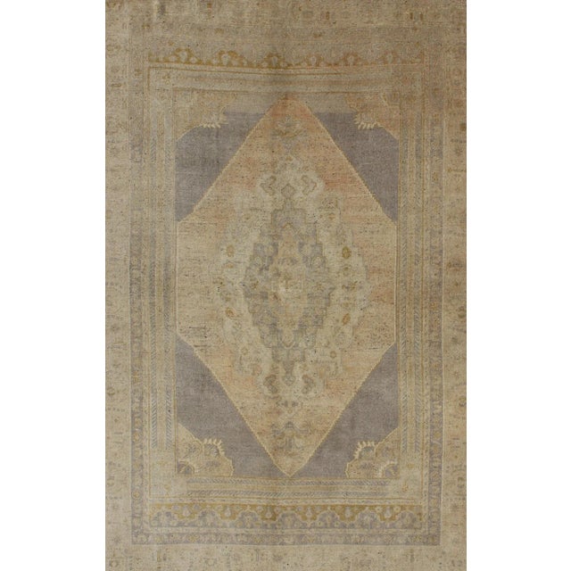 Textile Vintage Turkish Oushak Rug With Faded Peach and Gray Medallion on Soft Taupe For Sale - Image 7 of 7