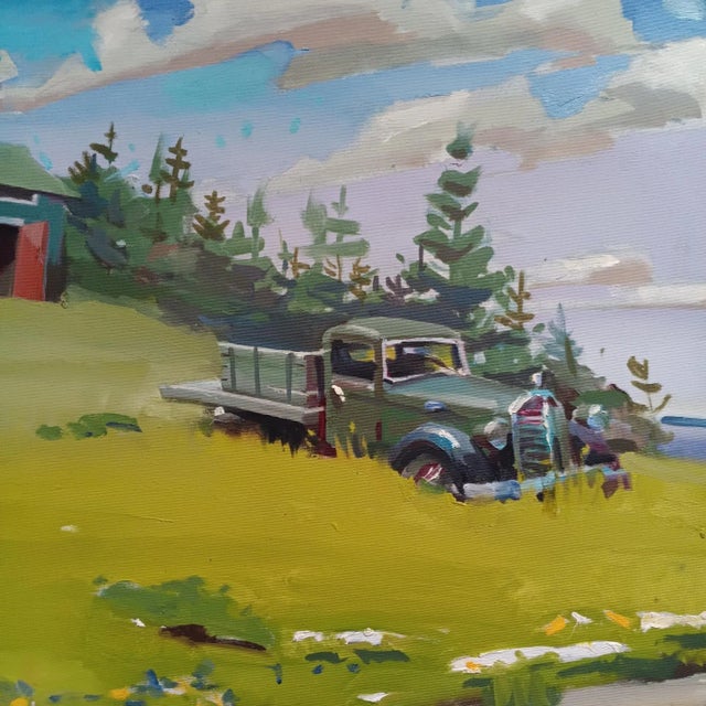 Gray Truck in the Grass by the Maine Shoreline Oil Painting For Sale - Image 4 of 4