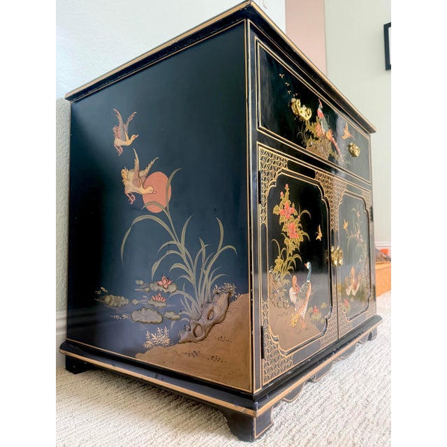 Vintage Black Lacquer Chinoiserie Cabinet With Hand-Painted Birds & Raised Relief Details For Sale - Image 10 of 10