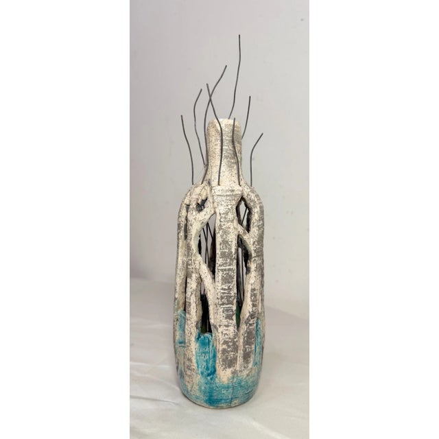 Vintage Signed Dierdre Handmade Brutalist Green Pottery Wire Vase Bottle Art For Sale In New York - Image 6 of 14