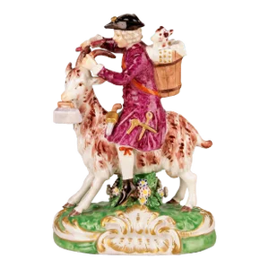18th Century Baroque/Rococo English Glazed Painted Porcelain of Goat-Riding Tailor by Chelsea Pottery